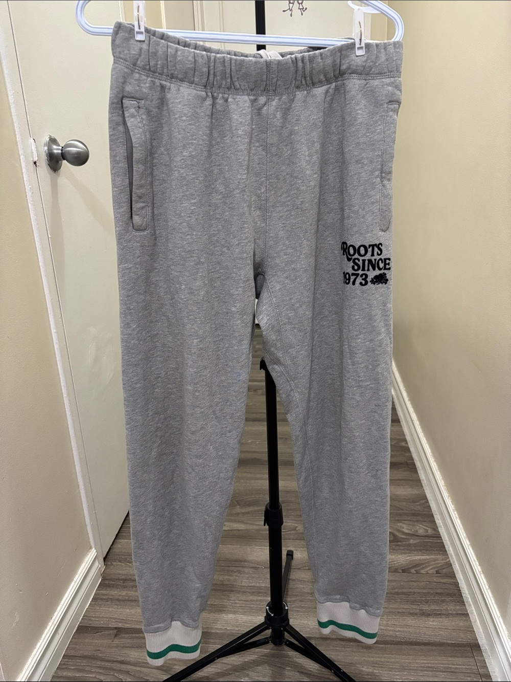 Roots Light Gray Joggers with Green Stripe Cuffs